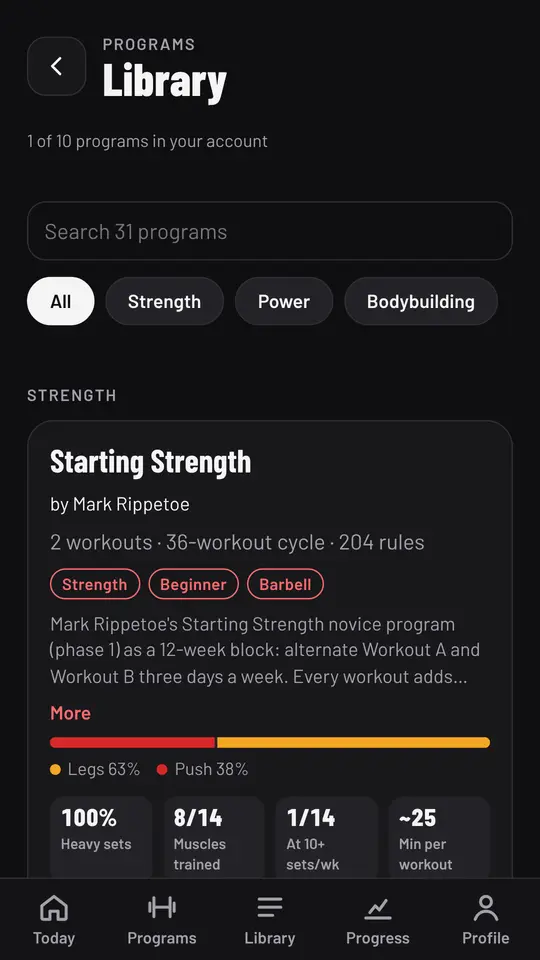 The Program Library on a phone with search, filters and the Starting Strength template card