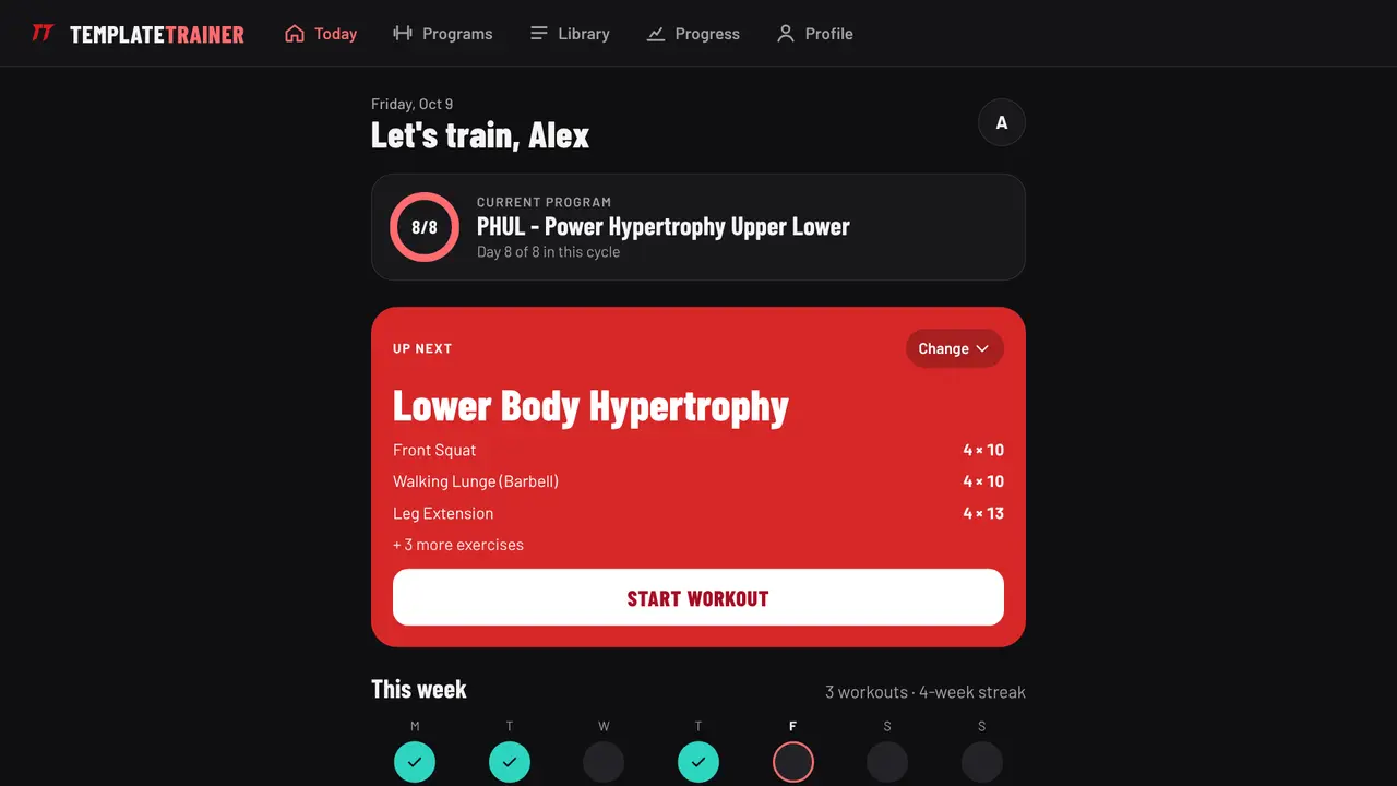Today on a laptop with the current program, PHUL, at day 8 of 8 and the next workout ready to start