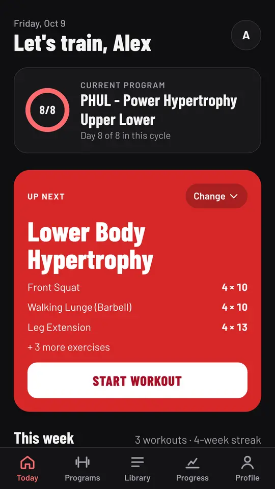 Today showing the next workout, Lower Body Hypertrophy from PHUL, with its exercises