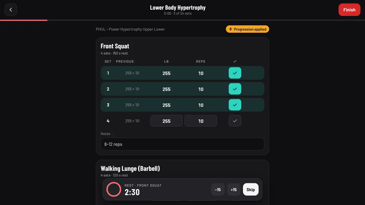 A workout in progress on a laptop showing Front Squat sets with last time's numbers and progression applied