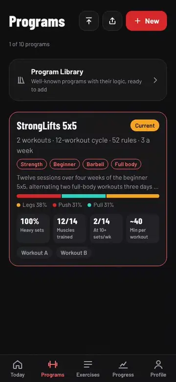 Creating a program, adding a workout, adding bench press and filling in its sets