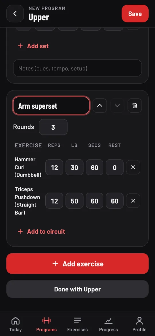 A circuit named Arm superset: 3 rounds of hammer curls with no rest, then triceps pushdowns