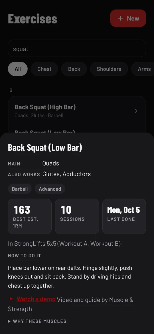 Back Squat (Low Bar): quads, your best 163 lb estimated 1RM, 10 sessions, and how to do it