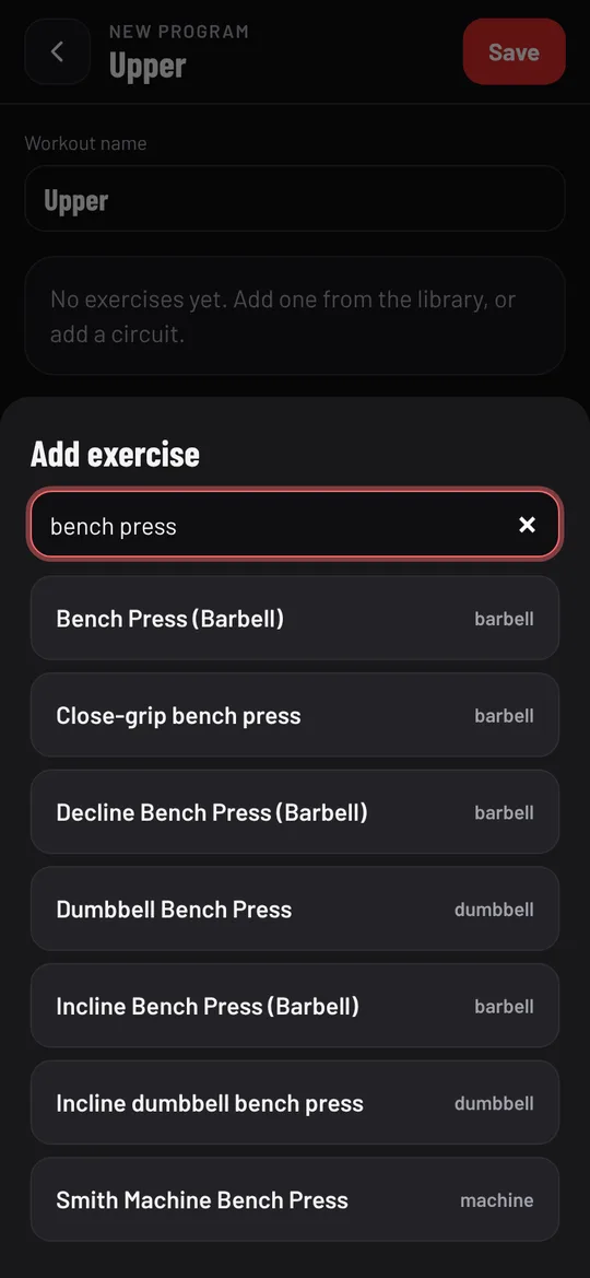 Searching for bench press in the Add exercise sheet