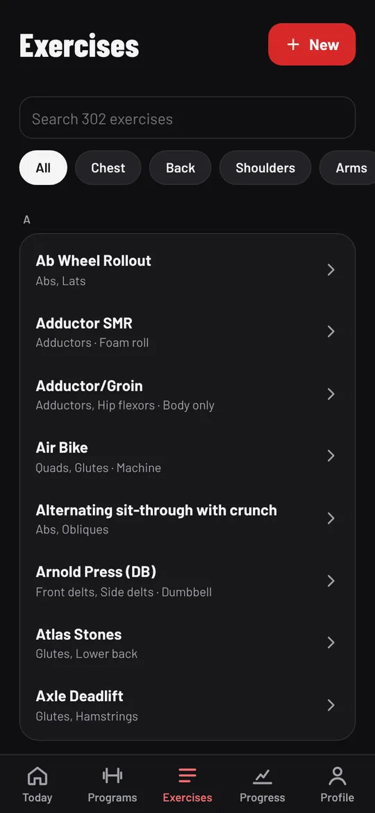 The Exercises tab, listed A to Z with search and muscle filters