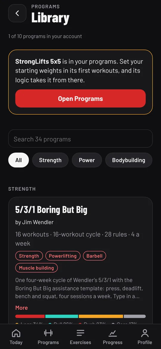 StrongLifts 5x5 added, with a reminder to set starting weights