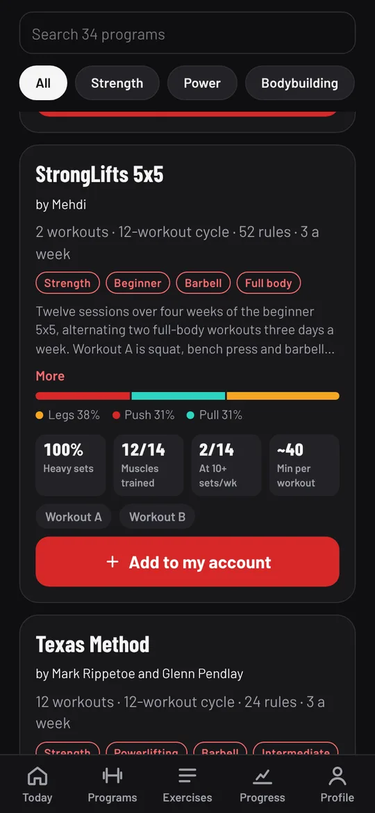 A library card for StrongLifts 5x5, with its stats and muscle profile