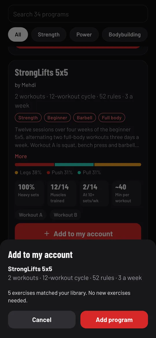 The review sheet before adding StrongLifts 5x5: 5 exercises matched, no new exercises needed