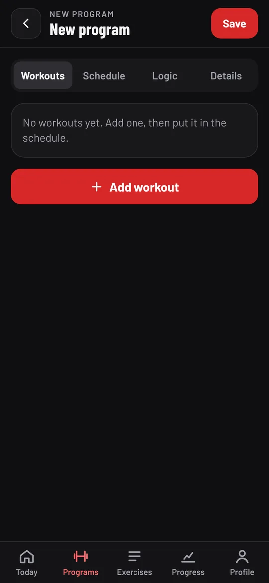 A new, empty program on the Workouts tab with Add workout