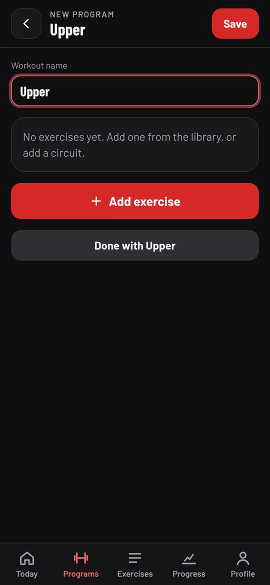 A new workout named Upper, with Add exercise and no exercises yet