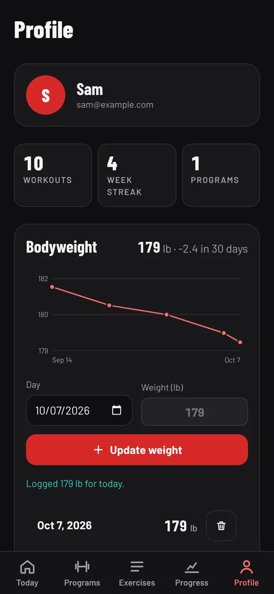 Profile: your workouts, week streak, programs and bodyweight trend