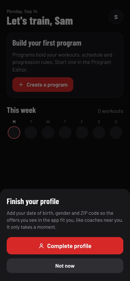 The Finish your profile sheet with Complete profile and Not now buttons