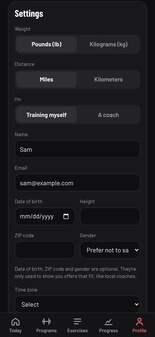Settings: units, account type, name, email and optional details