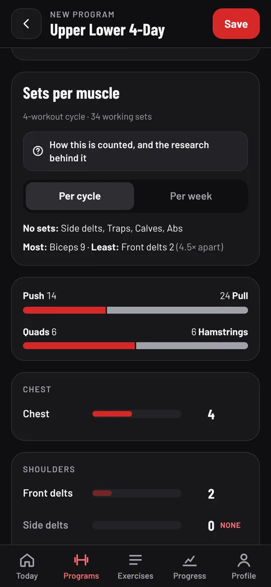 Sets per muscle for the program, with push and pull balance