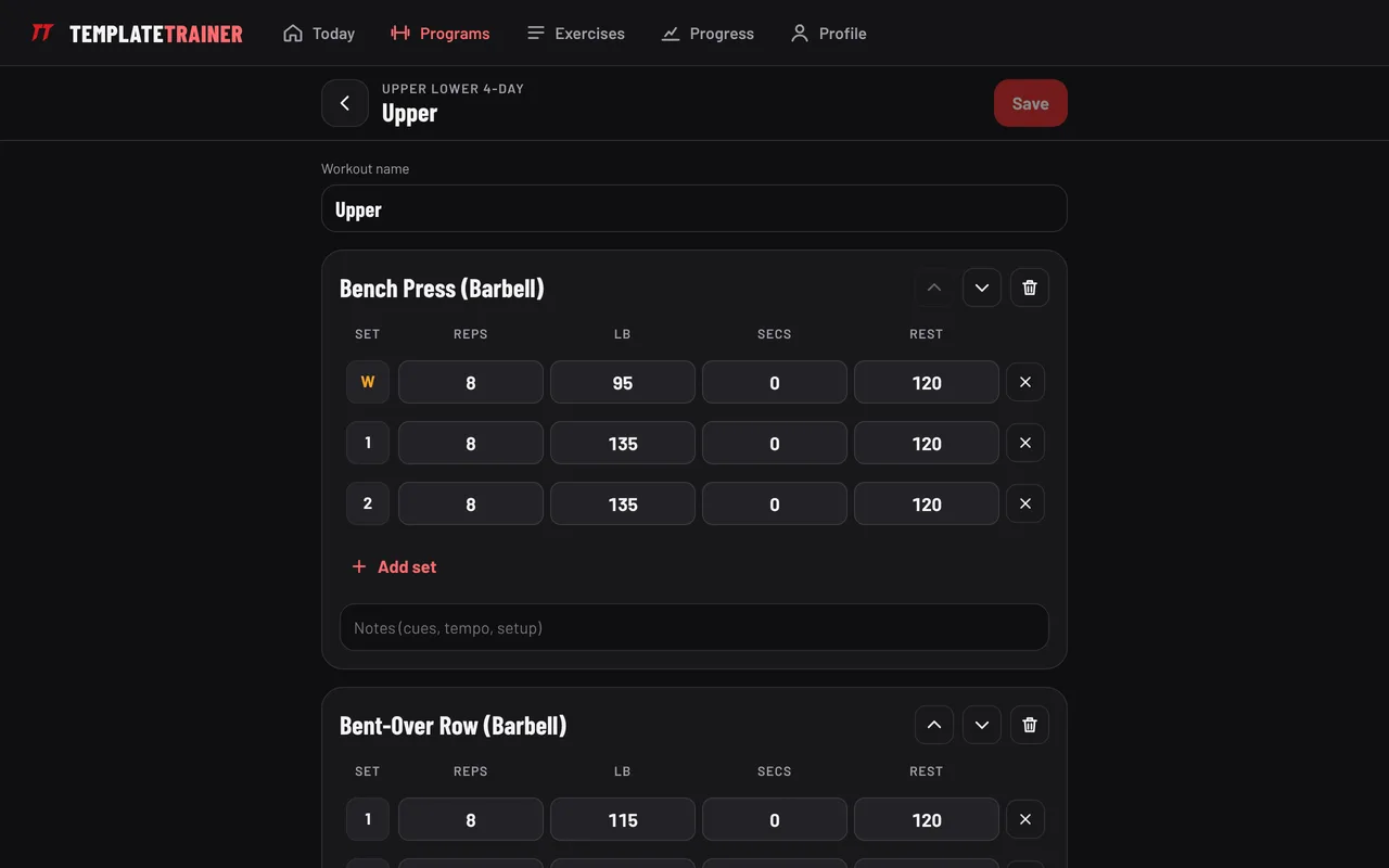 The program editor on a computer, showing the Upper workout