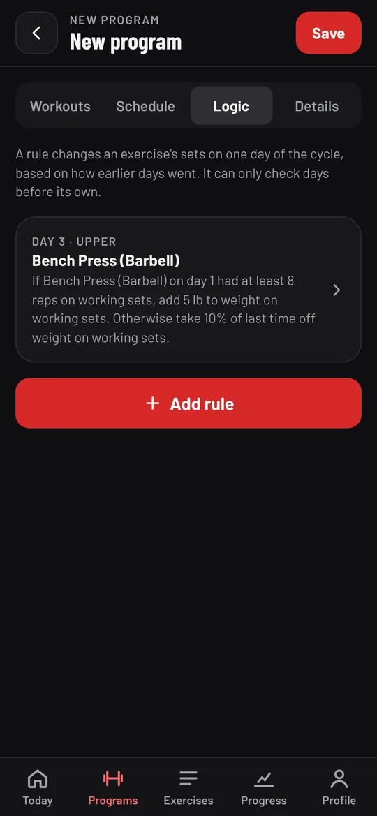 The Logic tab listing the bench press rule as a sentence