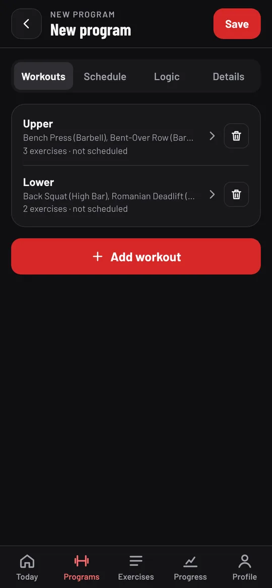 The finished program's two workouts, Upper and Lower, not yet scheduled