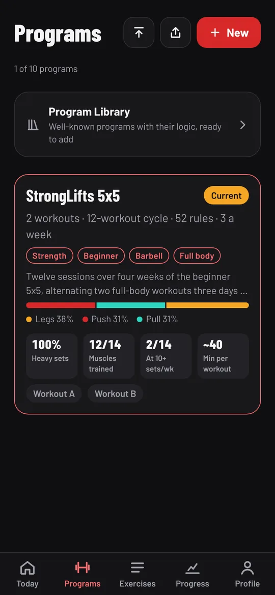 The Programs list with StrongLifts 5x5 marked Current