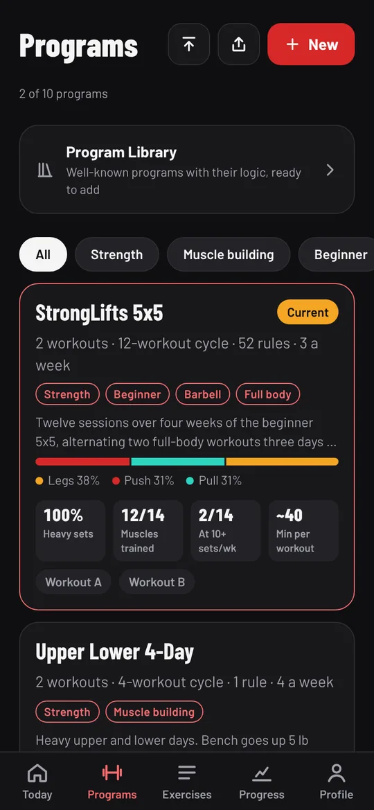 The Programs list with StrongLifts 5x5 and the new Upper Lower 4-Day program