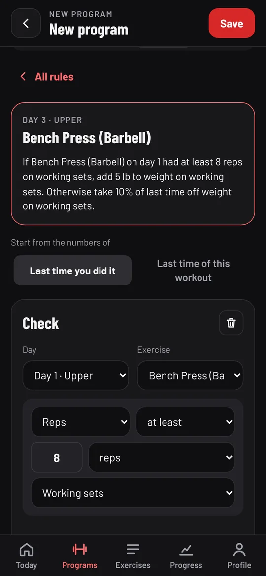 The new bench press rule, checking day 1 for at least 8 reps on working sets