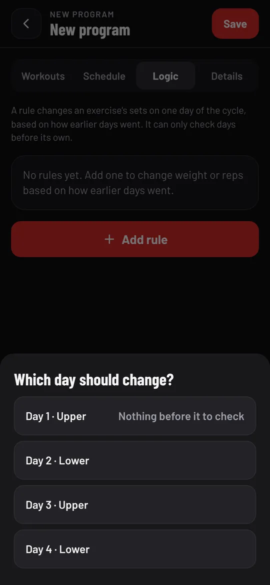 The Which day should change? sheet, with day 1 marked Nothing before it to check