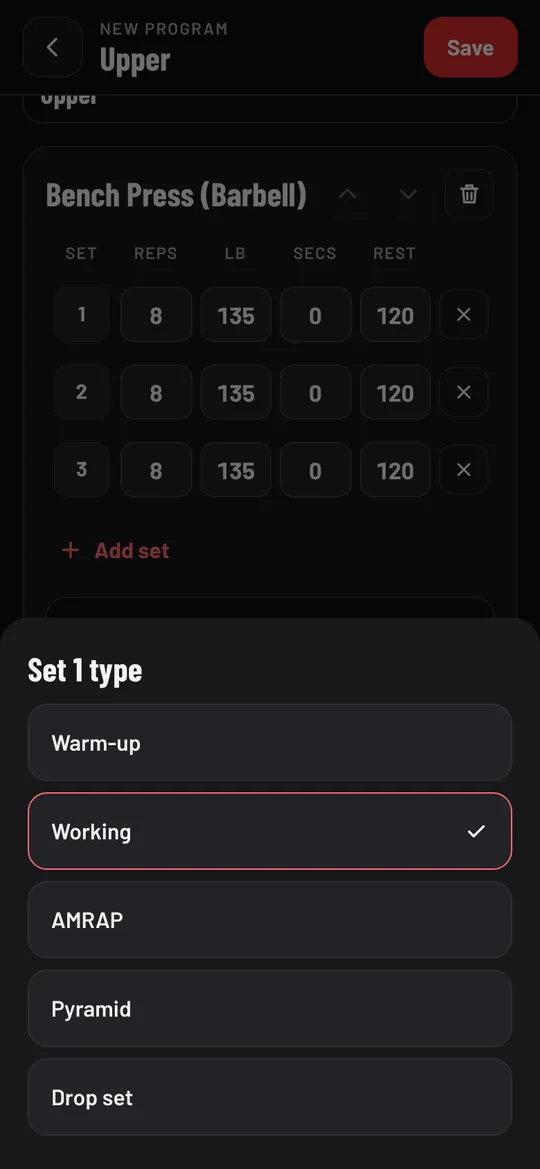The Set 1 type sheet: Warm-up, Working, AMRAP, Pyramid and Drop set