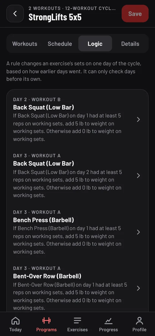 StrongLifts 5x5's rules on the Logic tab, each written as a sentence