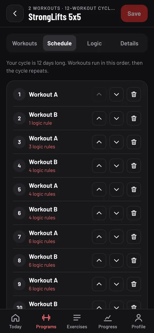 StrongLifts 5x5's 12-day schedule, alternating Workout A and Workout B
