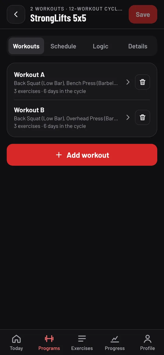 StrongLifts 5x5 open on the Workouts tab, with Workout A and Workout B