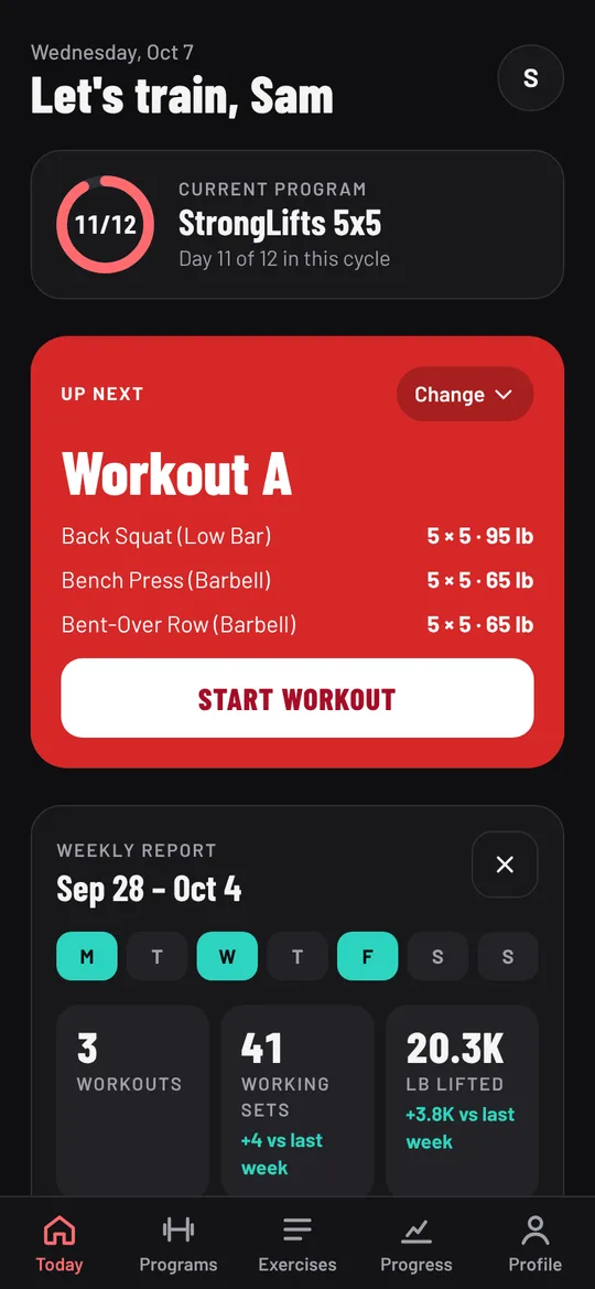 Today with the next workout, Workout A, and the current program StrongLifts 5x5