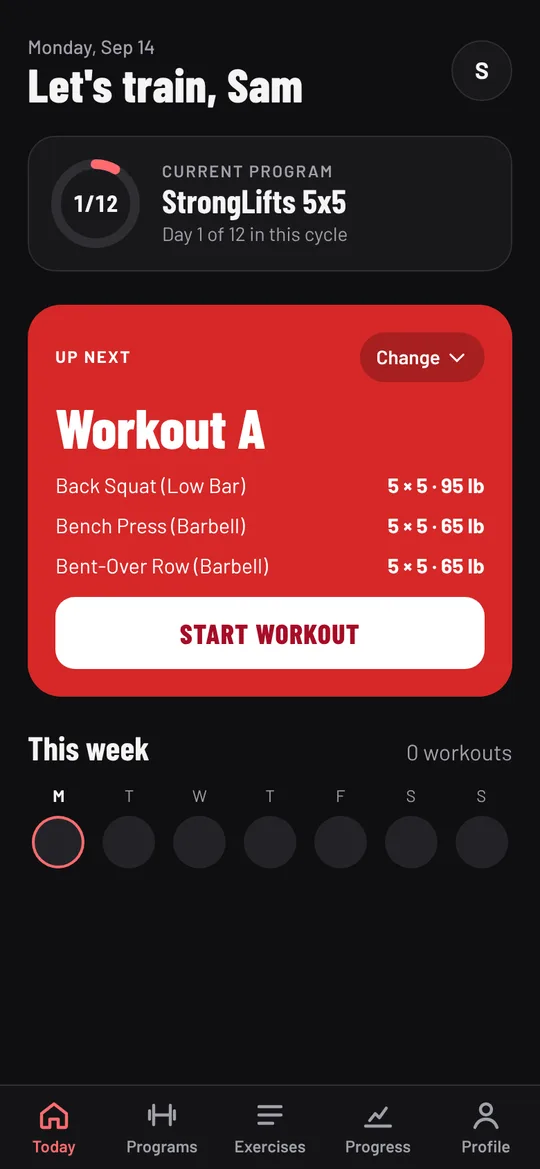 Today showing StrongLifts 5x5, Day 1 of 12, and Workout A up next