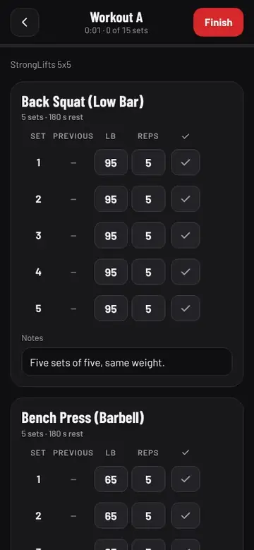Ticking three sets of squats, which starts the rest timer