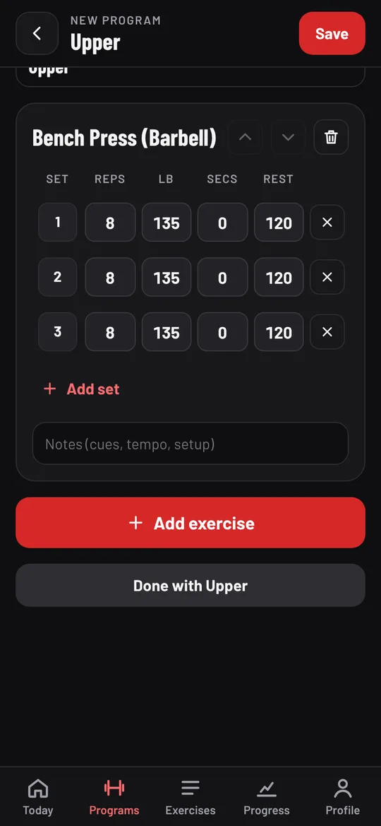 Bench press with three sets of 8 at 135 lb and 120 seconds rest