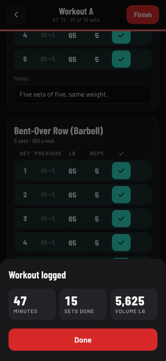 Workout logged: 47 minutes, 15 sets done, 5,625 lb volume