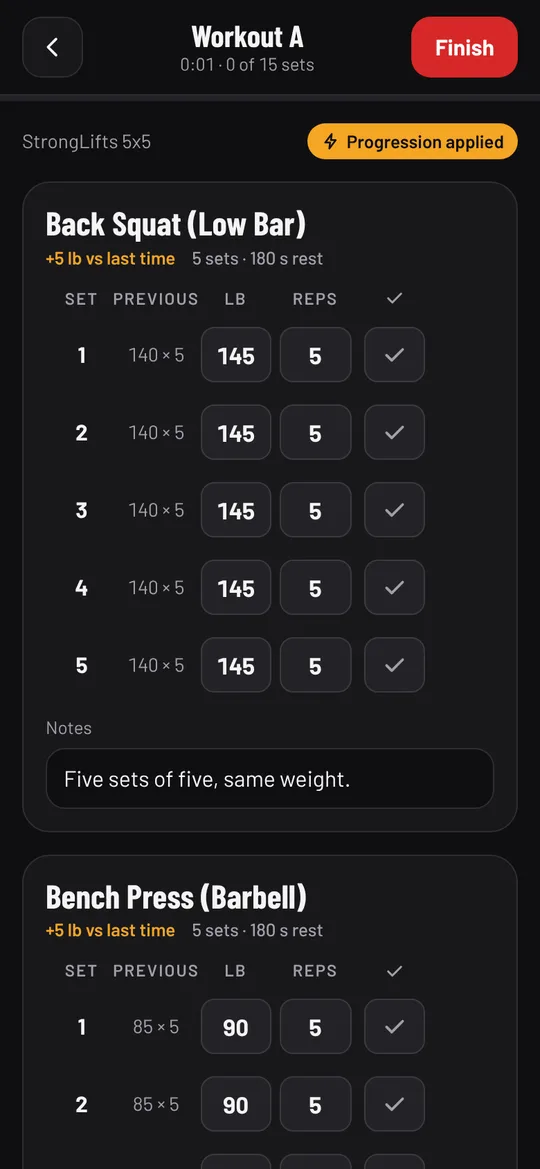 A workout with Progression applied: squats at 145 lb, +5 lb vs last time