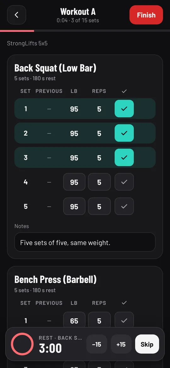 The rest timer after a set, with −15, +15 and Skip