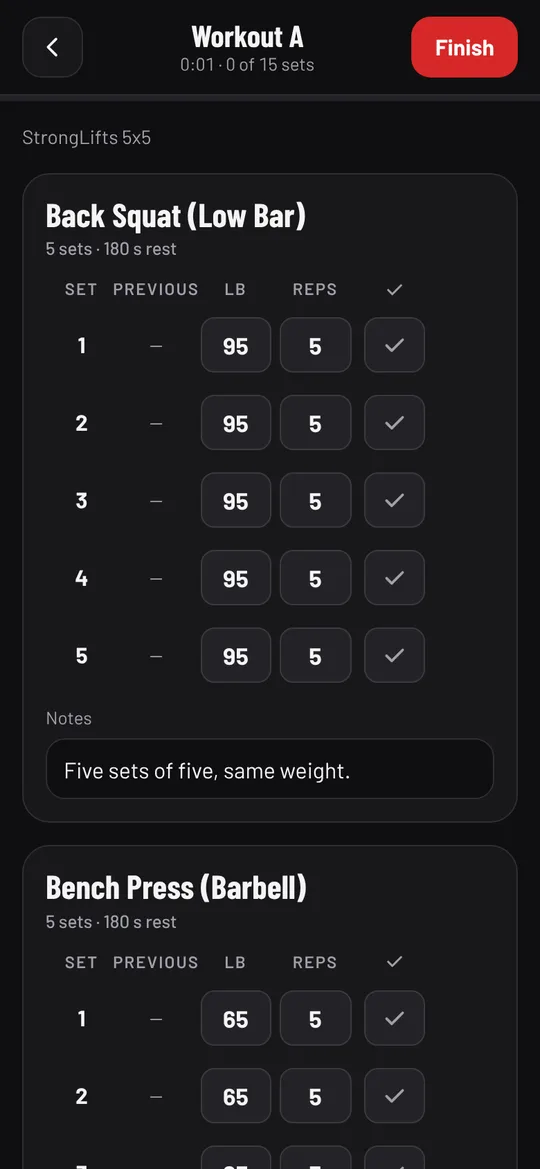 Workout A open, with each exercise's sets, weights and reps
